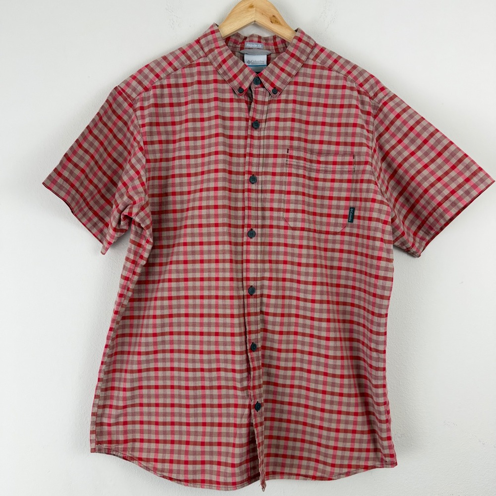 Columbia Mens Large Red Gingham Plaid Short Sleeve Button Down Shirt